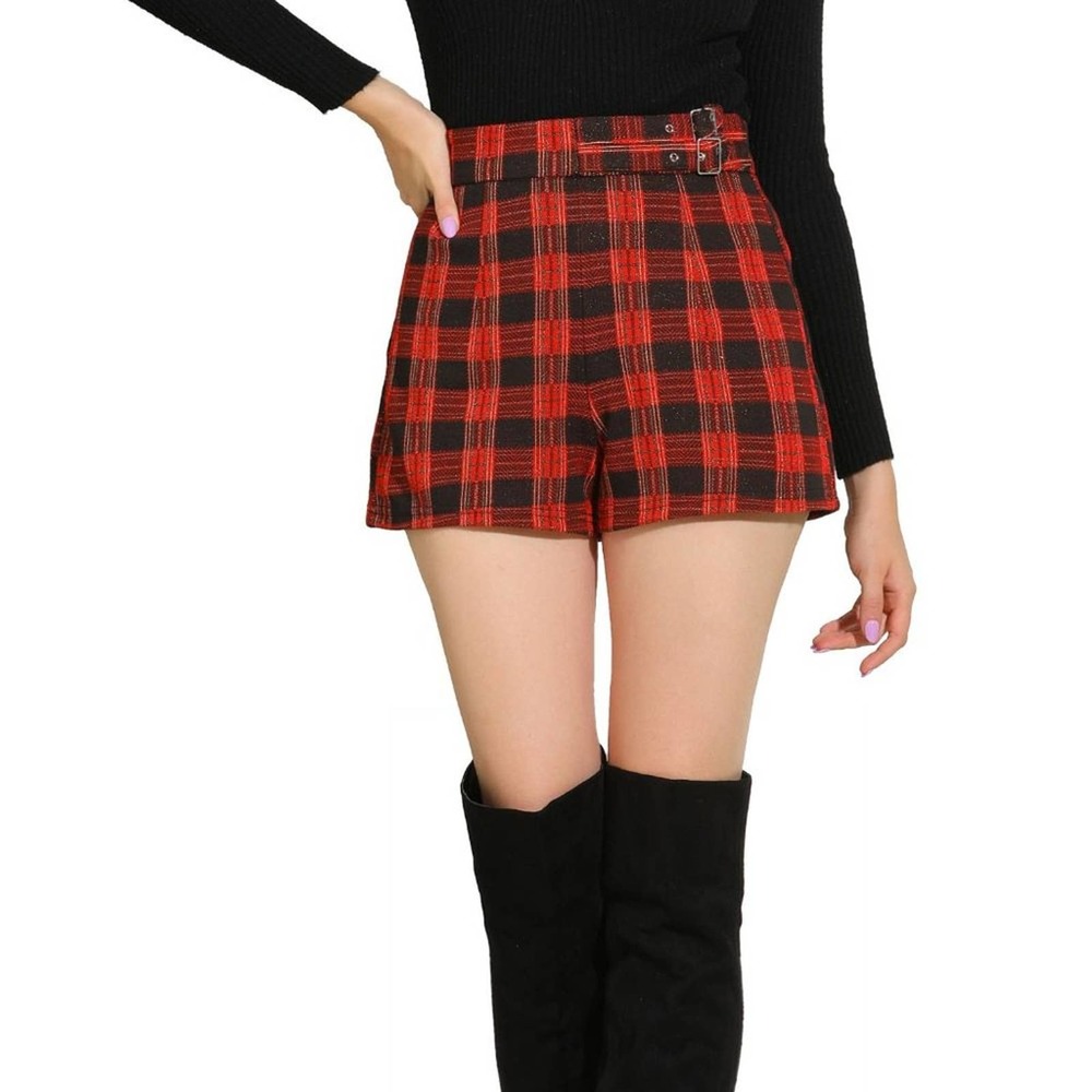 Allegra K Women's Elastic High Waisted Zipper Casual Plaid Shorts - XS Red NWT
